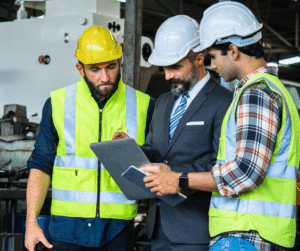 due operai con il caschetto e un datore di lavoro col caschetto che guardano istruzioni sicurezza sul lavoro