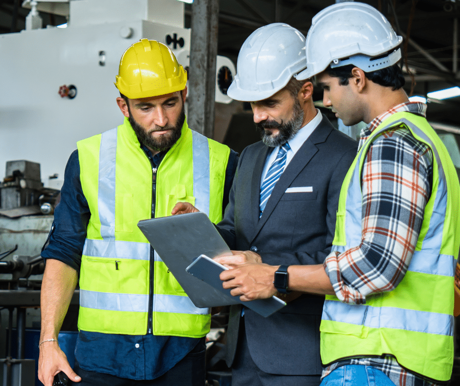 due operai con il caschetto e un datore di lavoro col caschetto che guardano istruzioni sicurezza sul lavoro